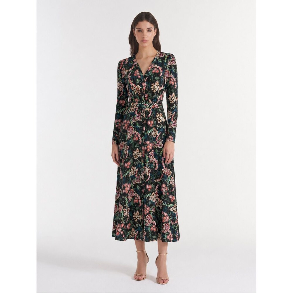 SALONI Silk Floral Button Front Maxi Dress w/ Belt Sz 6 Chic Party Wedding Guest